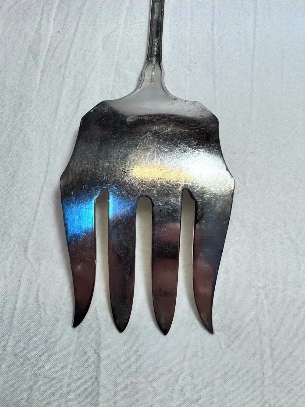 R Wallace Large Serving Meat Fork Floral Design 9” Silverplate